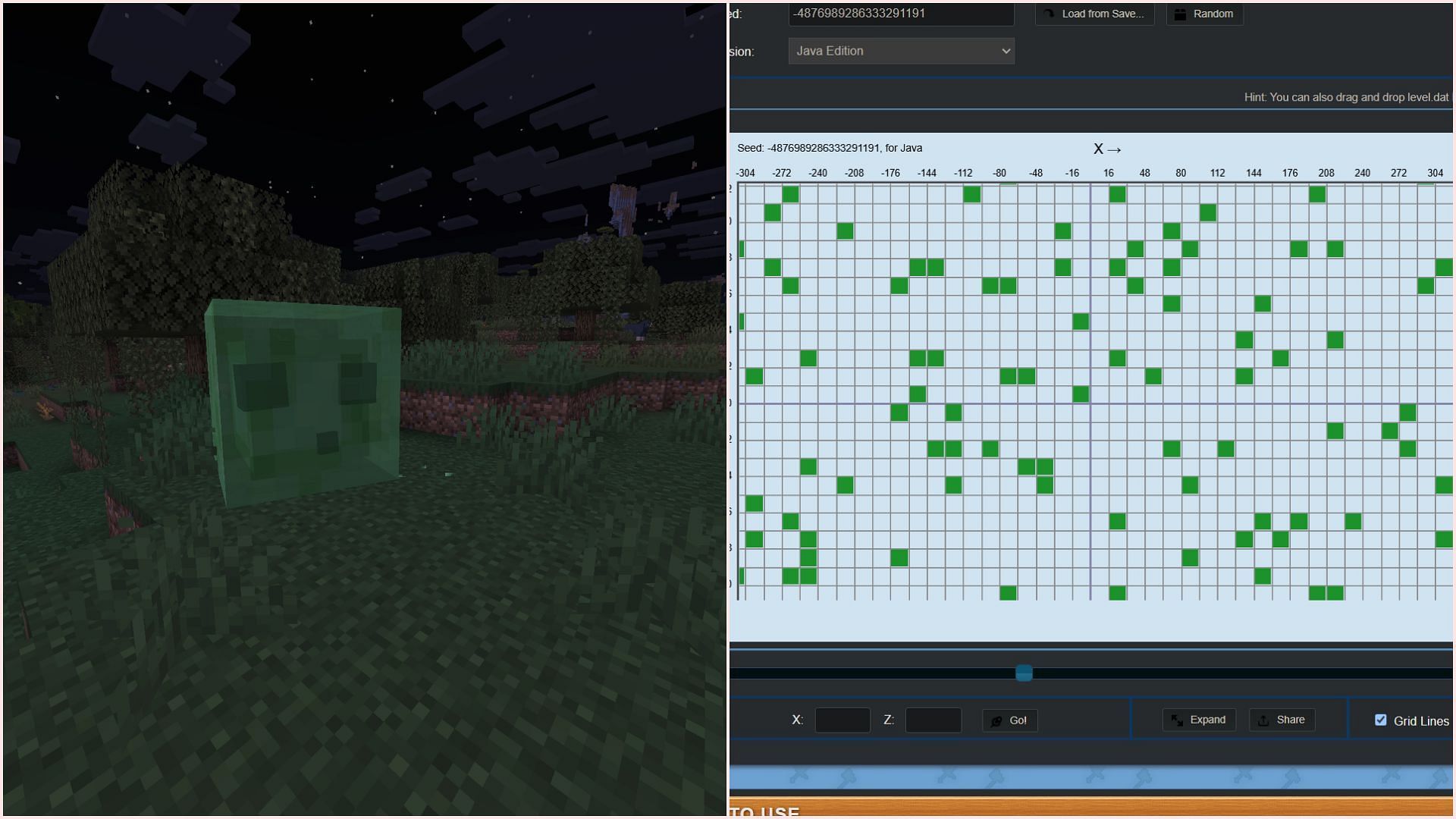 Slimes can either spawn in Swamps on full moon days or in dedicated slime chunks (Image via Sportskeeda Gaming || Mojang Studios || Chunkbase)